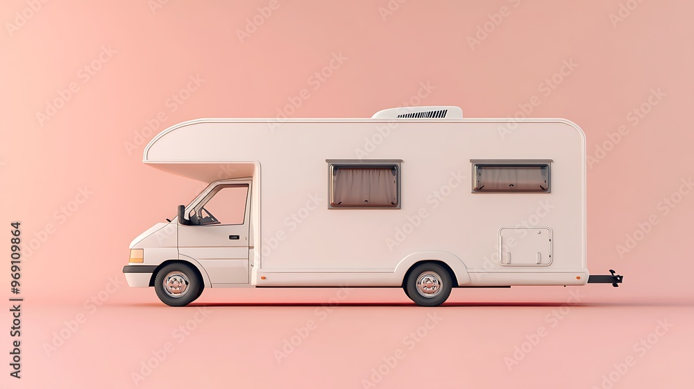 Naklejka premium Simple white RV on a pastel peach background with clean and modern design, leaving room for travel branding or promotional content.