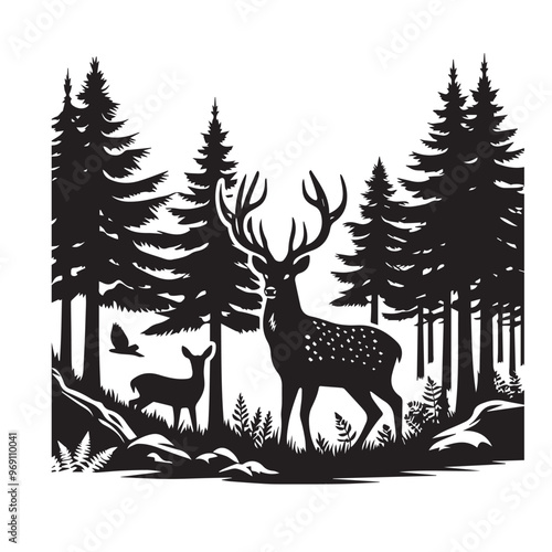 Dear in the forest black vector, black color silhouette ,white color background