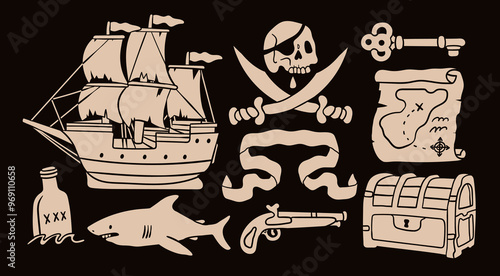 Pirate objects set. Sailing ship, skull with eye patch, treasure chest, map, rum, pistol, ribbon, shark, swords. Hand drawn Vector illustration. Isolated design elements. Sea adventures concept