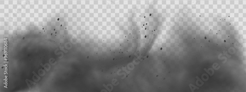 Vector illustration of a sand explosion with dirt and cloud smoke. Brown sandstorm splash and  dirty ground with a textured wind effect.Yellow flying particles and stone.