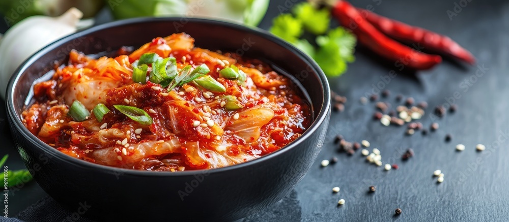 Delicious looking sweet and spicy Korean kimchi. with copy space image. Place for adding text or design Delicious looking sweet and spicy Korean kimchi. with copy space image. Place for adding text or design