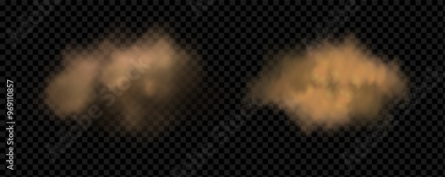 Vector illustration of a sand explosion with dirt and cloud smoke. Brown sandstorm splash and  dirty ground with a textured wind effect.Yellow flying particles and stone.