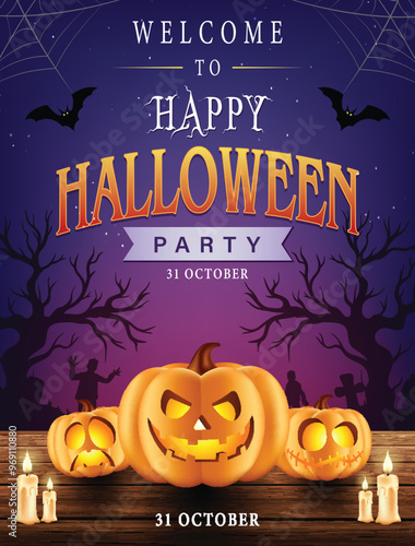 Halloween party flyer with paper cut witch cave, ghosts and pumpkins. Vector party invitation poster, castle at night moonlight and spooky scary bats