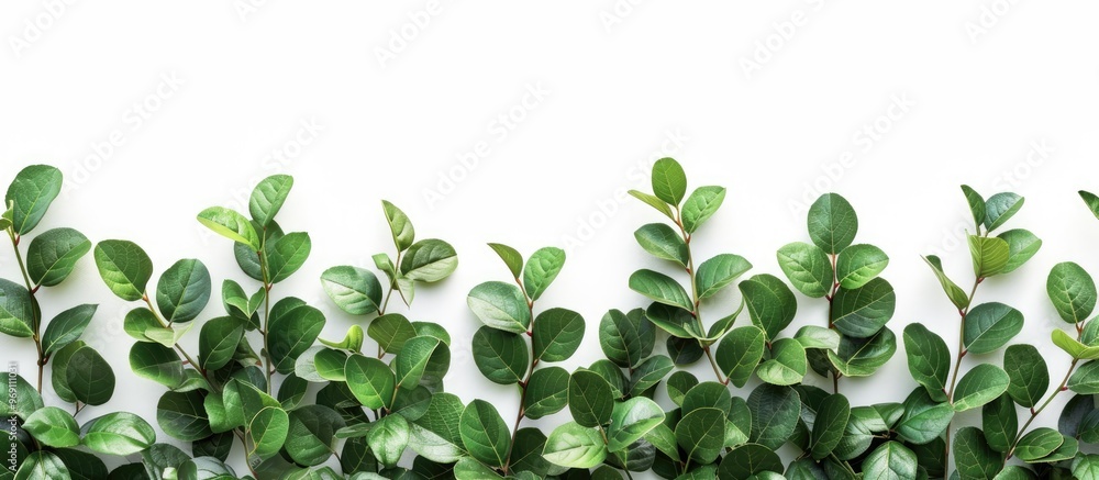 Fototapeta premium Green leaves placed on a white background isolated. with copy space image. Place for adding text or design