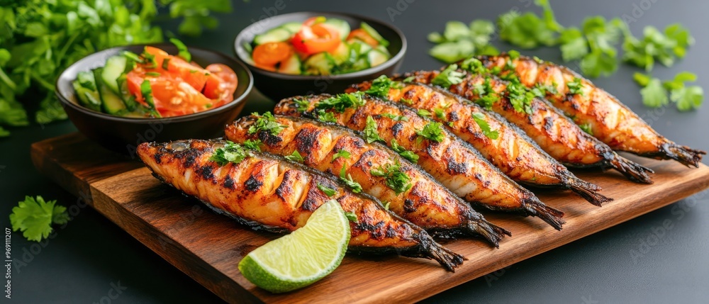 Mexican Skewers with Salsa and Green Sauce on Wooden Board Mexican Skewers with Salsa and Green Sauce on Wooden Board