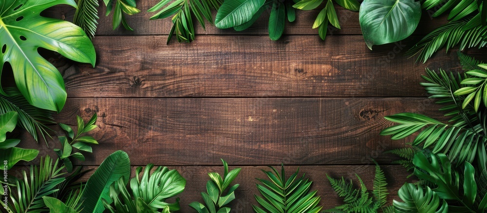 Green tropical leaves arranged on a dark wooden background Flatlay. with copy space image. Place for adding text or design Green tropical leaves arranged on a dark wooden background Flatlay. with copy space image. Place for adding text or design