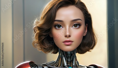 A female android with lifelike human features and a detailed robotic body stands in a contemporary setting. Her expressive eyes and realistic skin contrast with the mechanical elements, creating a photo