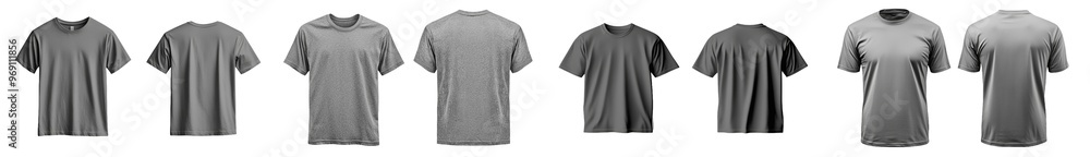 A grey jersey T-shirt template with a white background, showing the front and back views A grey jersey T-shirt template with a white background, showing the front and back views