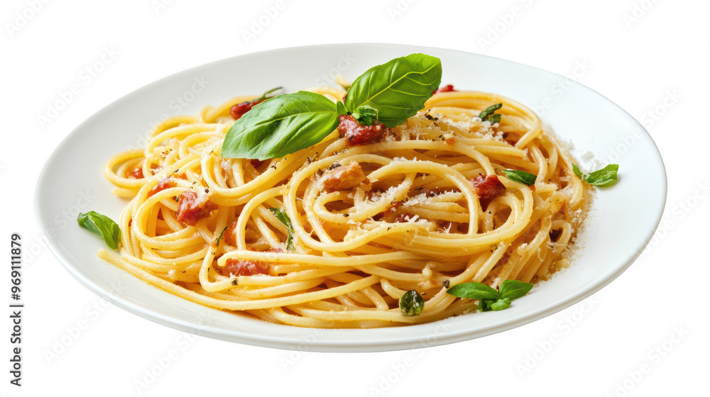 Delicious spaghetti pasta topped with fresh basil, grated cheese, and rich tomato sauce, served on white plate. This dish is perfect for any Italian cuisine lover. Delicious spaghetti pasta topped with fresh basil, grated cheese, and rich tomato sauce, served on white plate. This dish is perfect for any Italian cuisine lover.