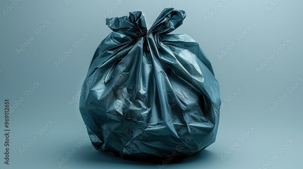 A large, crumpled black garbage bag stands alone against a soft blue background, highlighting waste management challenges today. Generative AI A large, crumpled black garbage bag stands alone against a soft blue background, highlighting waste management challenges today. Generative AI