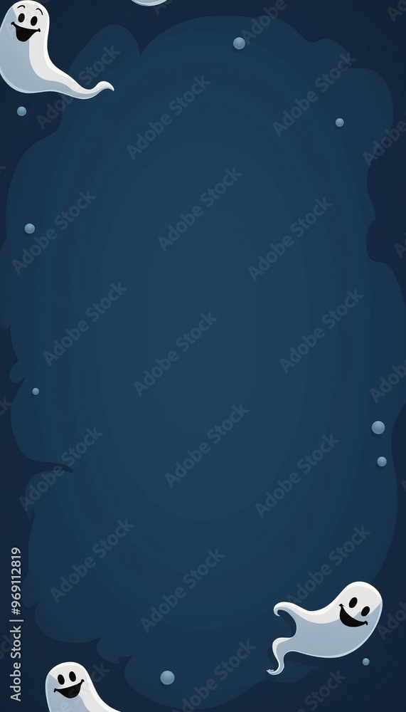 A group of friendly ghosts floating along the edge of a solid dark blue background, with ample space for 'Ghastly Discounts' text in the center A group of friendly ghosts floating along the edge of a solid dark blue background, with ample space for 'Ghastly Discounts' text in the center