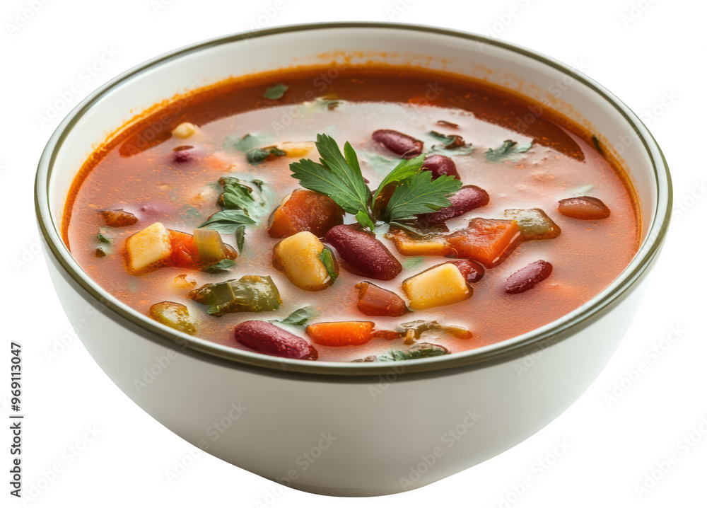 A vibrant bowl of vegetable soup filled with colorful ingredients like beans, carrots, and herbs, offering warm and comforting meal. A vibrant bowl of vegetable soup filled with colorful ingredients like beans, carrots, and herbs, offering warm and comforting meal.
