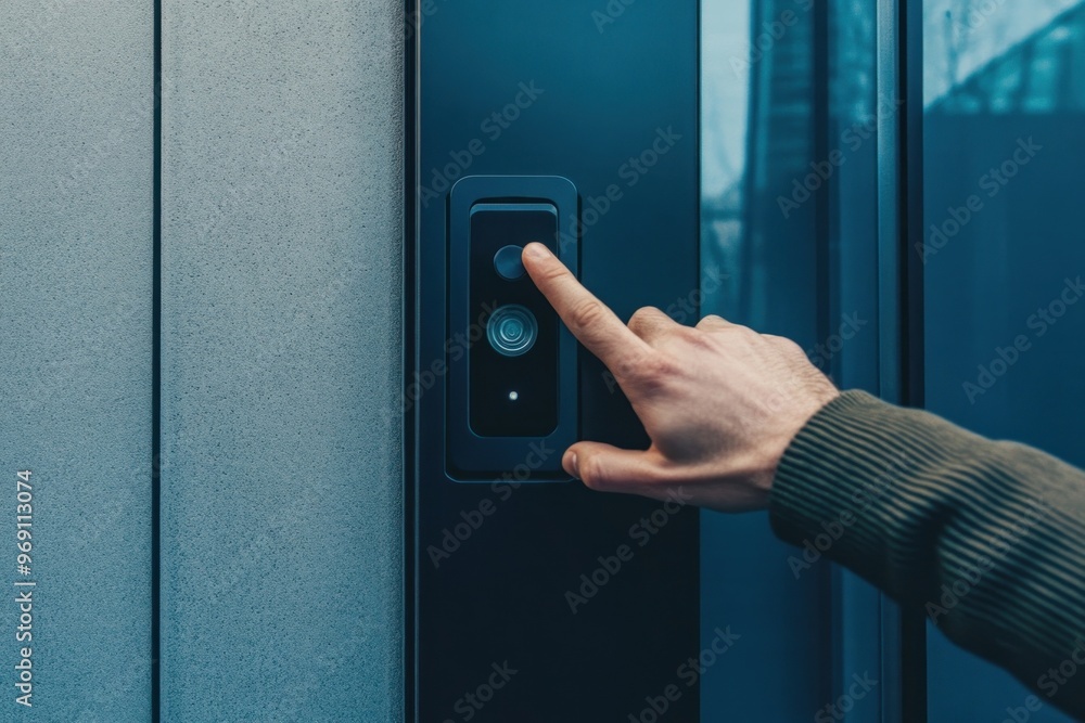 Hand using the doorbell technology security camera. Hand using the doorbell technology security camera.