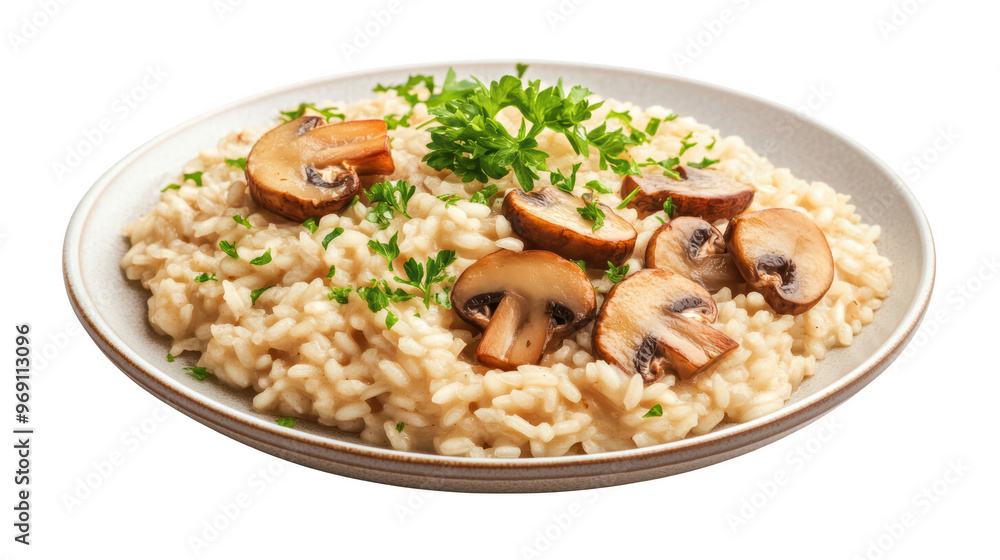 Creamy mushroom risotto garnished with fresh parsley, showcasing delicious blend of flavors and textures. Perfect for comforting meal. 