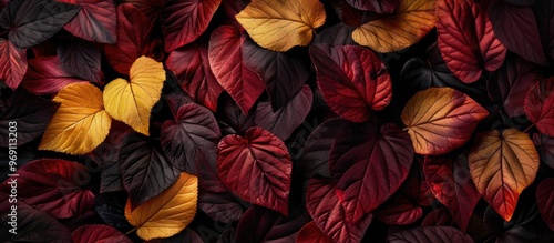 Yellow and red leaves set against a black background Texture and backdrop. with copy space image. Place for adding text or design