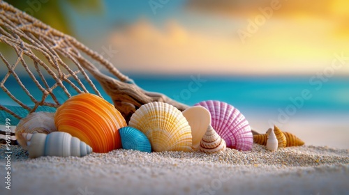 Wallpaper Mural Colorful Beach Scene with Seashells and Easter Eggs Torontodigital.ca