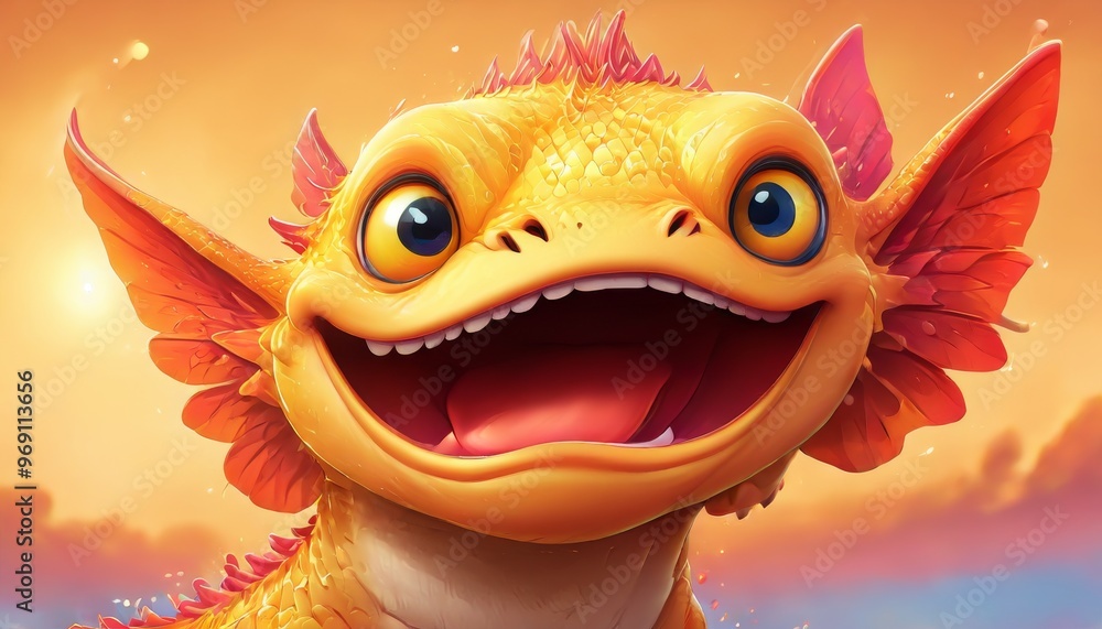 A bright and joyful cartoon dragon with large expressive eyes and a wide smile. The dragon's vibrant orange and pink colors pop against a warm, glowing background, creating a whimsical and cheerful A bright and joyful cartoon dragon with large expressive eyes and a wide smile. The dragon's vibrant orange and pink colors pop against a warm, glowing background, creating a whimsical and cheerful