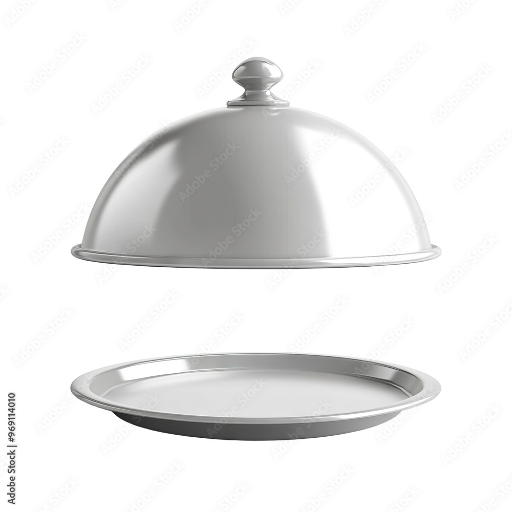 White serving cloche raised above empty white plate, cut out White serving cloche raised above empty white plate, cut out