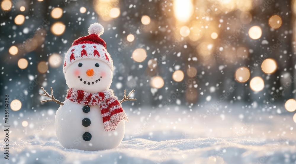 Smiling snowman in winter snowfall with scarf, standing in the snow with bokeh lights in the background. Smiling snowman in winter snowfall with scarf, standing in the snow with bokeh lights in the background.