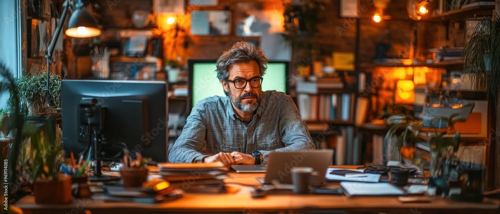 Man engrossed in computer screen at cluttered home office desk. Man engrossed in computer screen at cluttered home office desk.