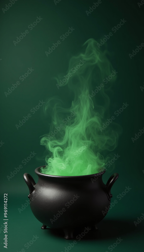 A witch’s cauldron bubbling with green smoke on a solid dark green background, with a large area for sale text in the center A witch’s cauldron bubbling with green smoke on a solid dark green background, with a large area for sale text in the center