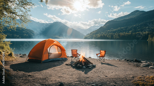 A serene camping setup by a lake, featuring an orange tent, chairs around a campfire, and a stunning mountain backdrop.
