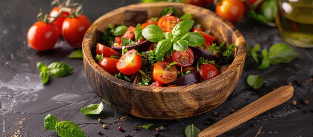 Tasty scarlet eggplant jilo perfectly cooked in a salad with cherry tomatoes presented in a wooden pot with copy space Tasty scarlet eggplant jilo perfectly cooked in a salad with cherry tomatoes presented in a wooden pot with copy space