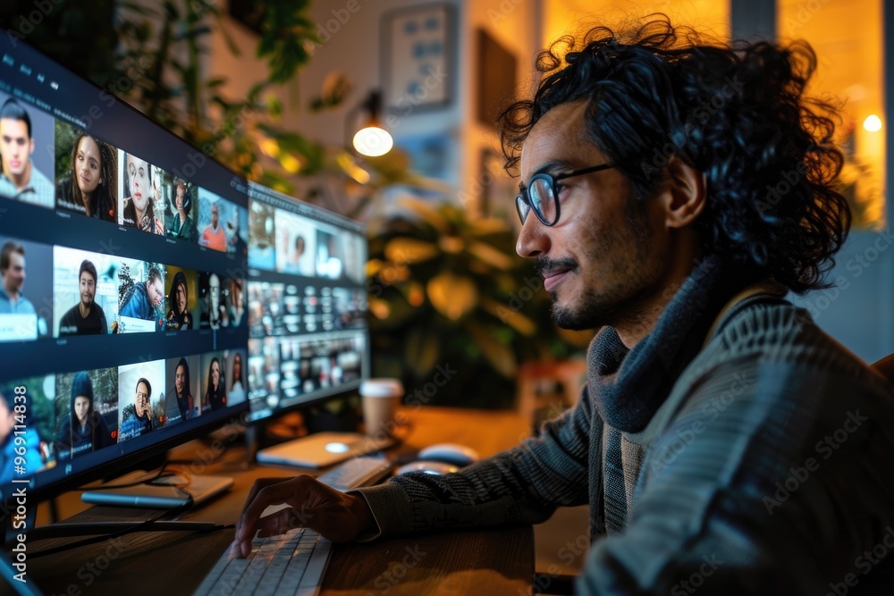 Man Engaged in Online Meeting with Multiple Video Call Participants on Computer Screen Man Engaged in Online Meeting with Multiple Video Call Participants on Computer Screen
