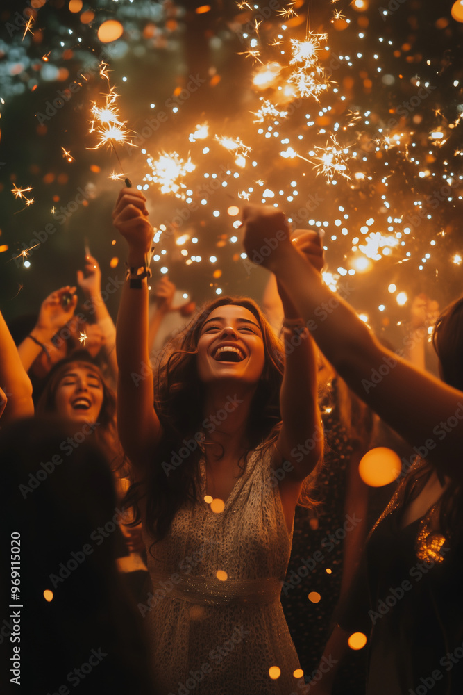 Obraz premium group of people celebrate new year on the party and hold fireflies