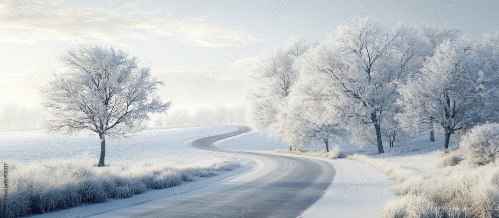 Frost covered trees along the roadside in a picturesque winter scene. with copy space image. Place for adding text or design Frost covered trees along the roadside in a picturesque winter scene. with copy space image. Place for adding text or design