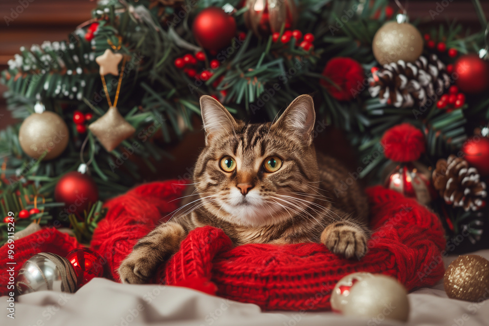 Cat in Christmas costumes. Cat in New year costumes. Cat in Christmas costumes. Cat in New year costumes.