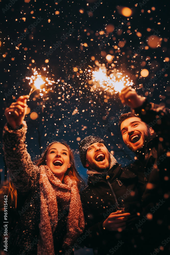 © Miljan Živković - friends celebrate new year on the party at winter and hold fireflies © Miljan Živković - friends celebrate new year on the party at winter and hold fireflies