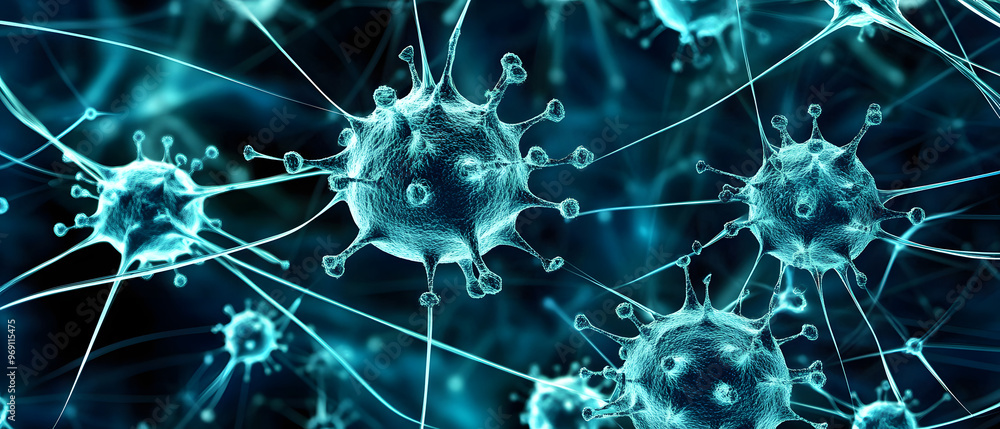Abstract Representation of Viruses Interacting with Digital Networks Featuring Glowing Nodes and Interconnected Lines, Emphasizing the Blend of Biology and Technology Abstract Representation of Viruses Interacting with Digital Networks Featuring Glowing Nodes and Interconnected Lines, Emphasizing the Blend of Biology and Technology