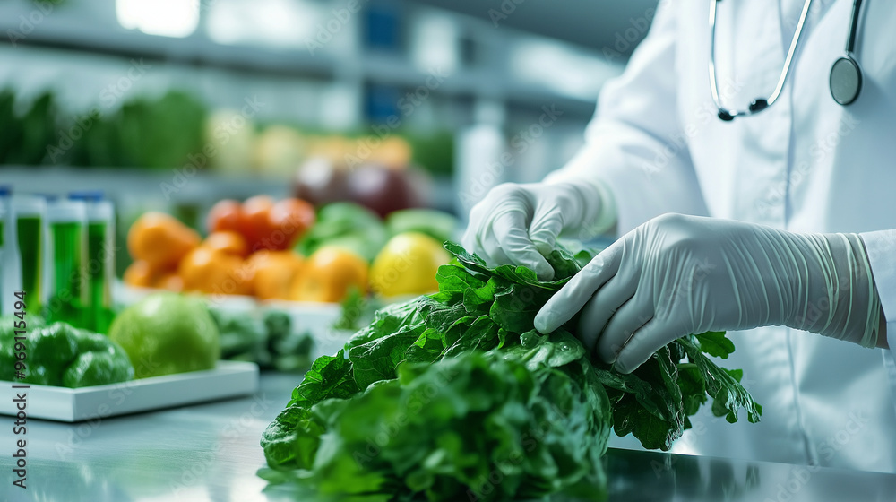 A doctor with sterile gloves handles a fresh leafy green vegetable, testing it for sensitivities in a brightly lit lab, with an assortment of fruits and vegetables neatly organized A doctor with sterile gloves handles a fresh leafy green vegetable, testing it for sensitivities in a brightly lit lab, with an assortment of fruits and vegetables neatly organized