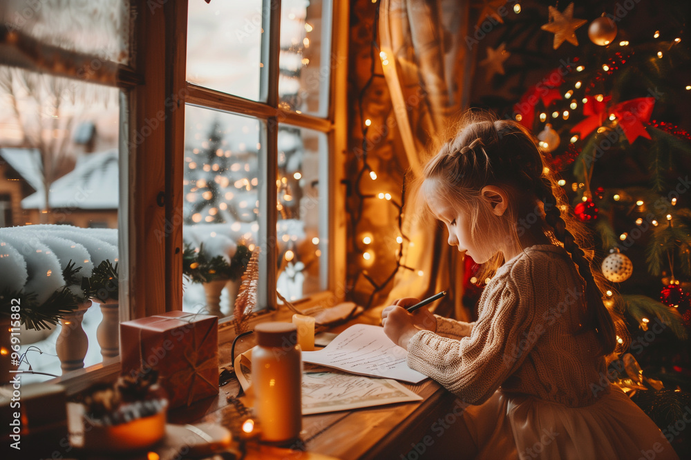 Girl writing letter to Santa Claus. Girl writing letter to Santa Claus.