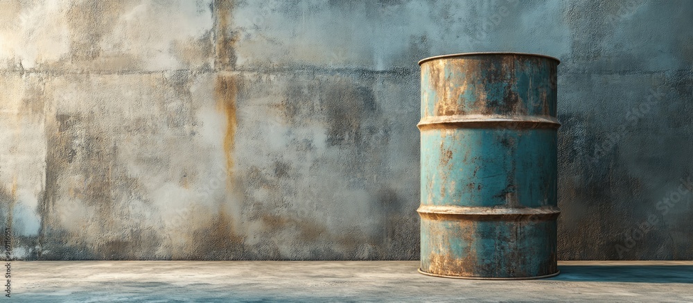 One oil barrel against a bare cement wall. with copy space image. Place for adding text or design One oil barrel against a bare cement wall. with copy space image. Place for adding text or design