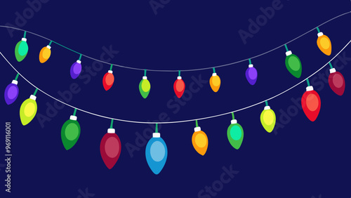 Brightly colored Christmas lights garland on a dark background for festive ambiance
