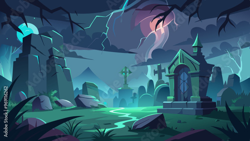 Eerie graveyard landscape with tombs, lightning, and a mystical atmosphere on a stormy night
