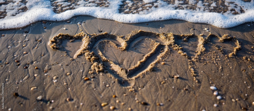 Fototapeta premium Inscription in wet sand I Love Summer Concept image of summer holiday. with copy space image. Place for adding text or design