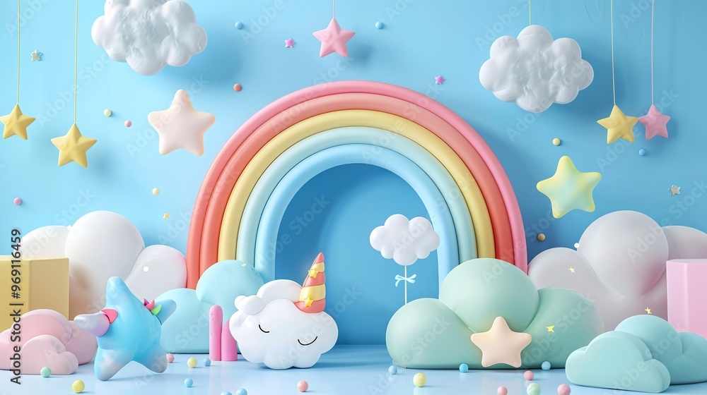 children’s toy display podium in a baby blue room with 3d cloud backdrop perfect for creating a cute and playful presentation and sale poster children’s toy display podium in a baby blue room with 3d cloud backdrop perfect for creating a cute and playful presentation and sale poster