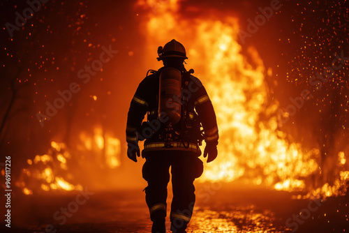 Firefighter in protective uniform equipped with firefighter gear is walking towards huge fire.