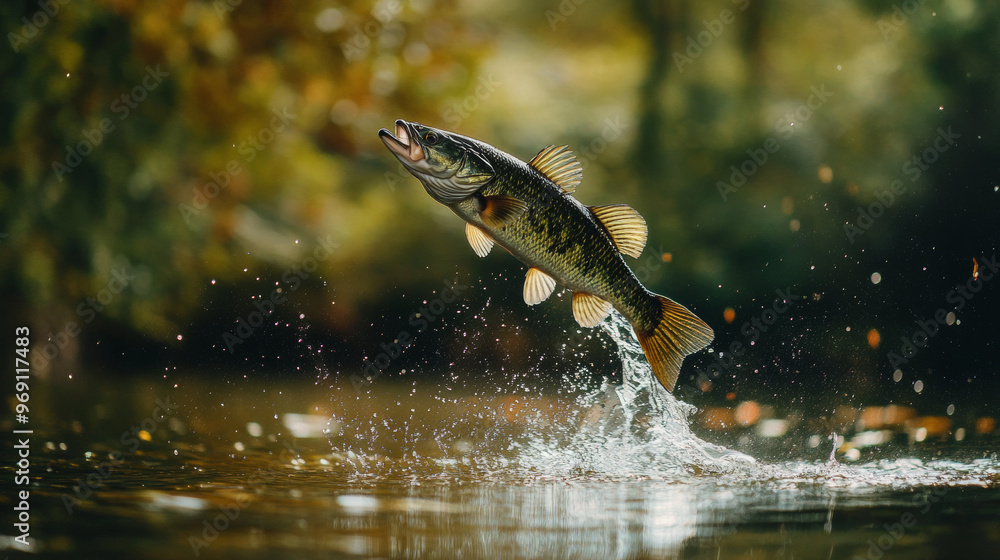 Fototapeta premium A largemouth bass dramatically jumps out of the water, creating splashes, with a blurred natural background in a serene fishing scene. 