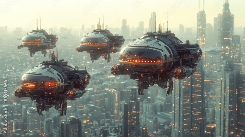 Autonomous flying robots conducting city surveillance: A fleet of flying robots patrolling a futuristic city. Autonomous flying robots conducting city surveillance: A fleet of flying robots patrolling a futuristic city.