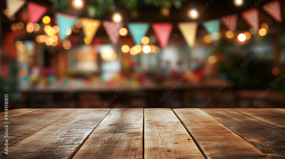 A rustic wooden table in a lively pub setting, decorated with colorful bunting, hanging lights, and blurred background of a bar area.
A rustic wooden table in a lively pub setting, decorated with colorful bunting, hanging lights, and blurred background of a bar area.