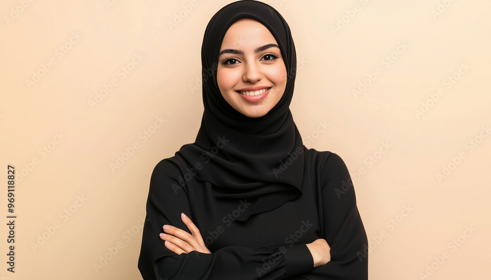 Smiling woman wearing a black hijab, standing with arms crossed, exuding confidence and positivity against a neutral background.
Smiling woman wearing a black hijab, standing with arms crossed, exuding confidence and positivity against a neutral background.