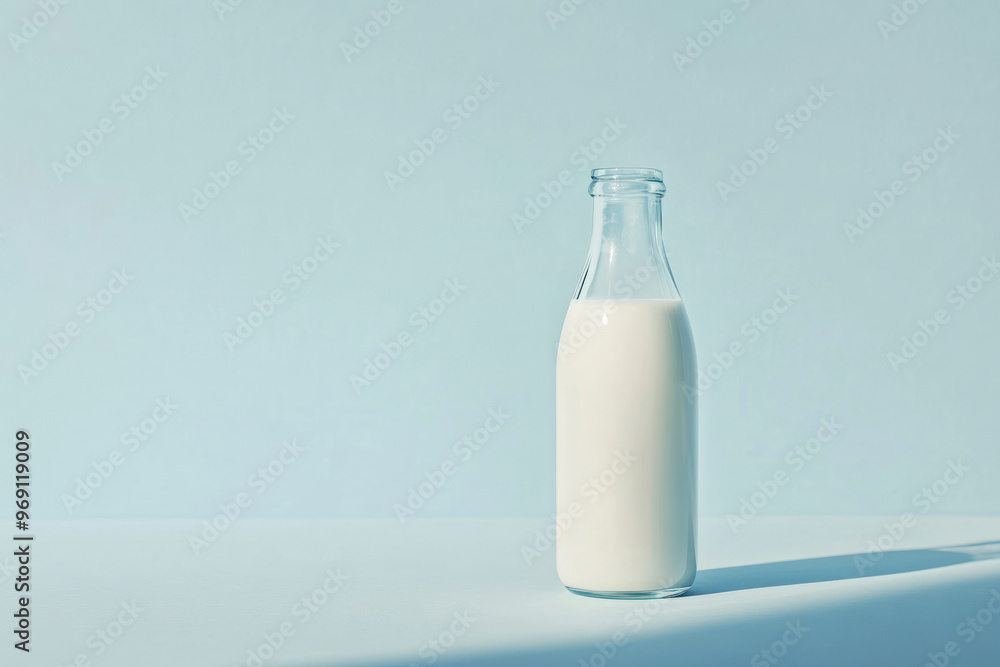 Bottle of milk on light blue background with hard shadows and copy space. Bottle of milk on light blue background with hard shadows and copy space.