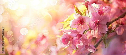 Sunny spring background with cherry blossoms Flourishing cherry tree. with copy space image. Place for adding text or design