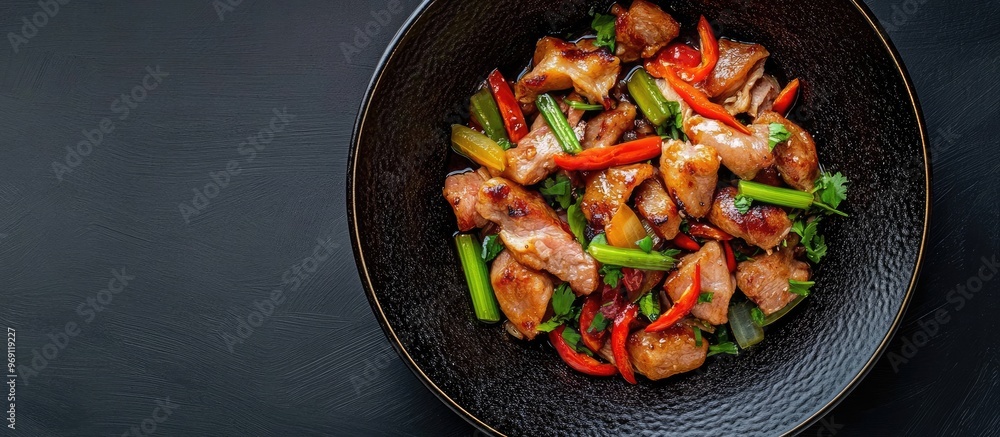 Chinese cuisine stir fried celery with pork belly. with copy space image. Place for adding text or design Chinese cuisine stir fried celery with pork belly. with copy space image. Place for adding text or design