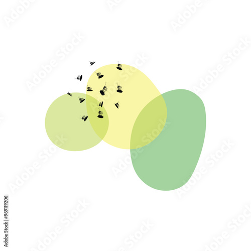 Abstract illustration with overlapping green and yellow shapes and scattered brush marks.
