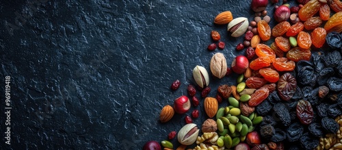 A variety of dried fruits and nuts on a dark stone table featuring copy space